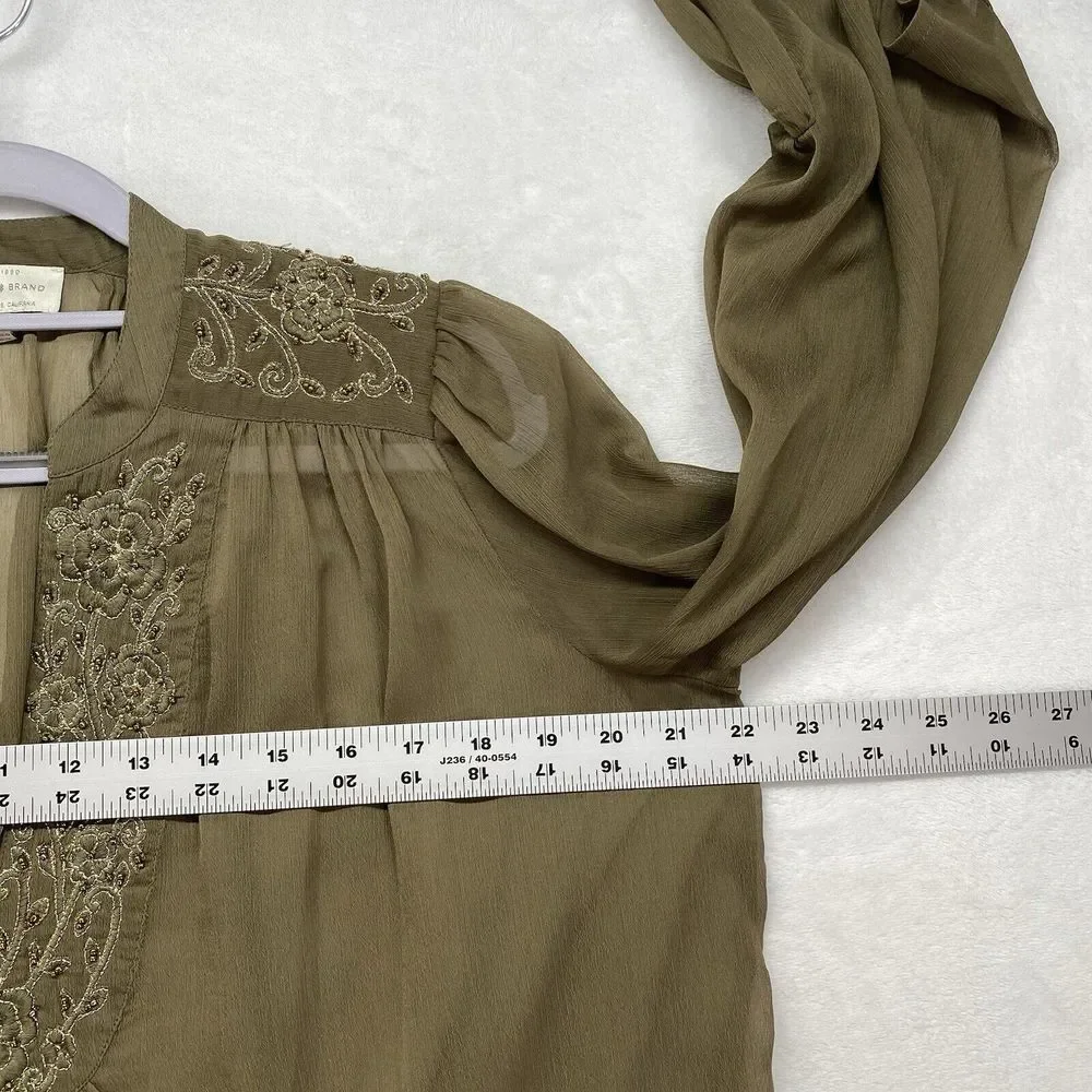 Lucky Brand Top Womens Small‎ Olive Green Embroidered Beaded Sheer Boho Blouse